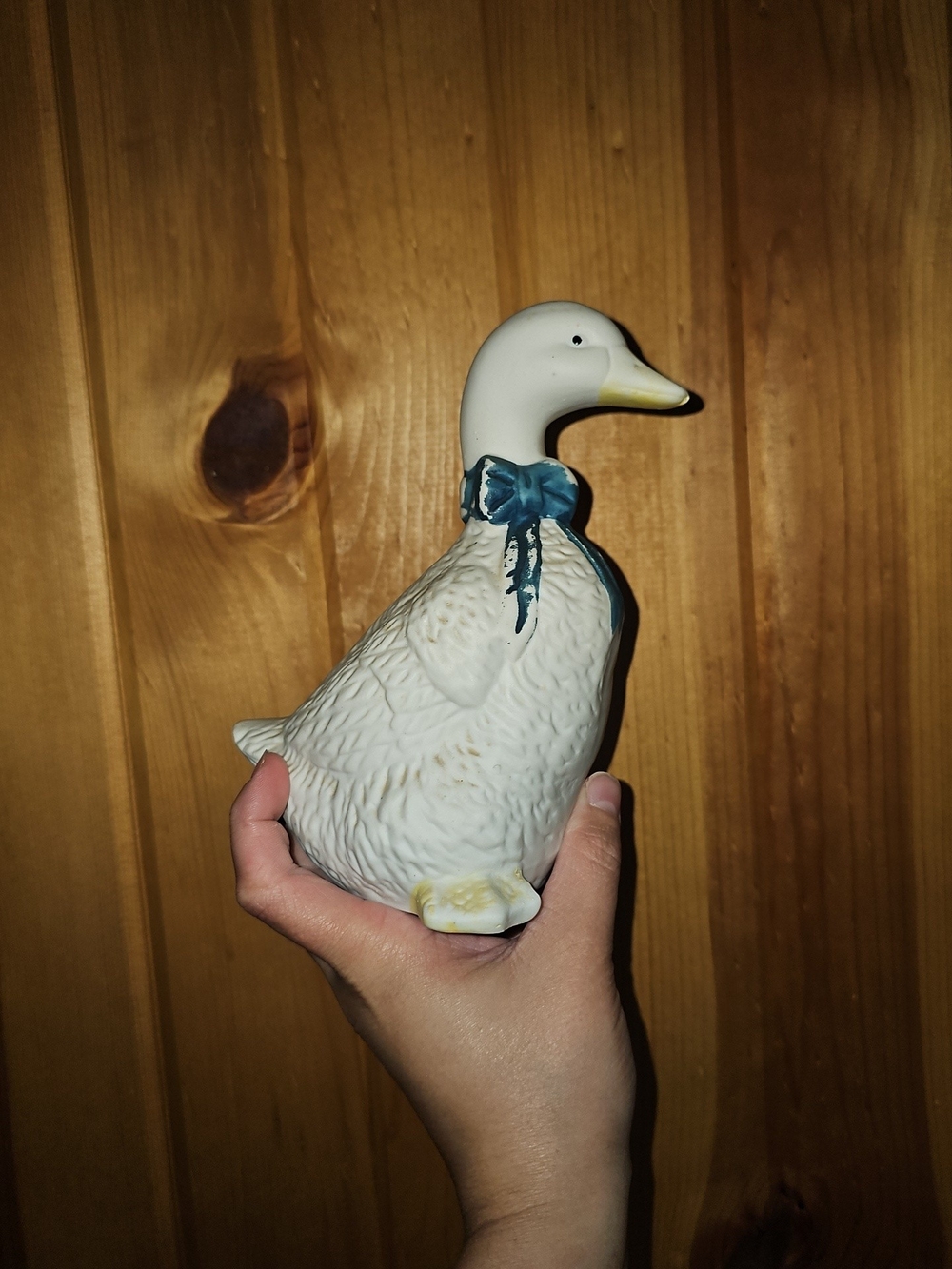 Vintage White Ceramic Duck Figurine with Blue Bow - Decorative Bird
